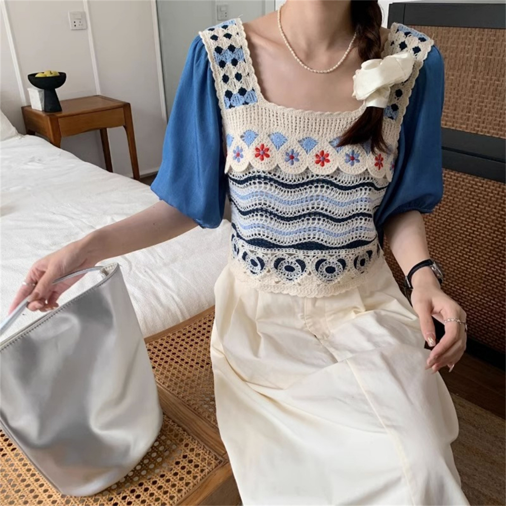 Áo Dệt Kim Ngắn Tay Giả Hai Lớp Màu Sắc Tương Phản Họa Tiết Hoa Phong Cách Vintage