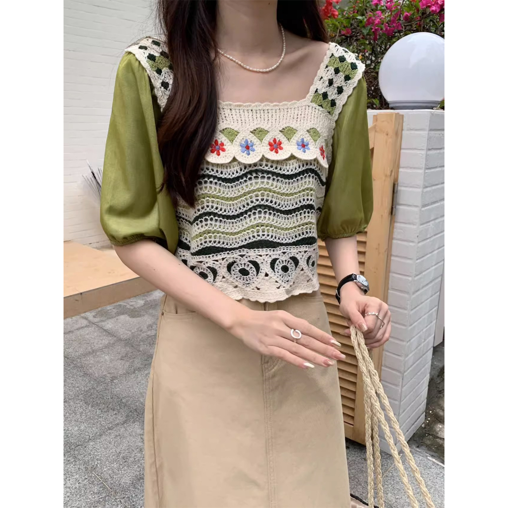 Áo Dệt Kim Ngắn Tay Giả Hai Lớp Màu Sắc Tương Phản Họa Tiết Hoa Phong Cách Vintage