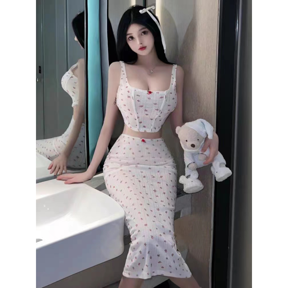 KLALIEN Set Áo Hai Dây Họa Tiết Hoa Và Chân Váy Dài Thời Trang Nữ Tính