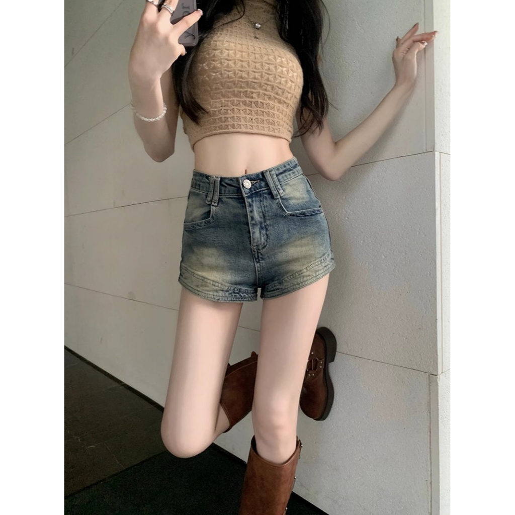 Quần Short Jean Dáng Chữ A Lưng Cao Thời Trang Theo Phong Cách Mỹ