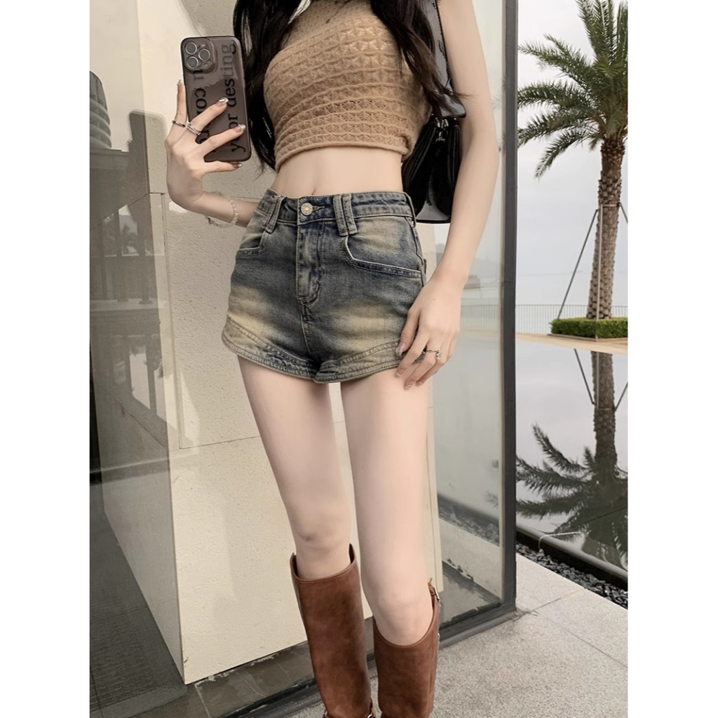 Quần Short Jean Dáng Chữ A Lưng Cao Thời Trang Theo Phong Cách Mỹ