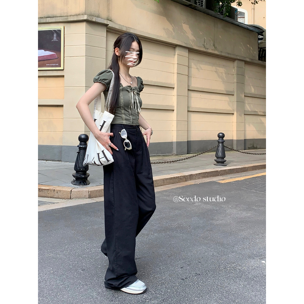 🍓High quality cotton and linen drape, lazy style, high waisted, slimming mop pants, casual wide leg pants