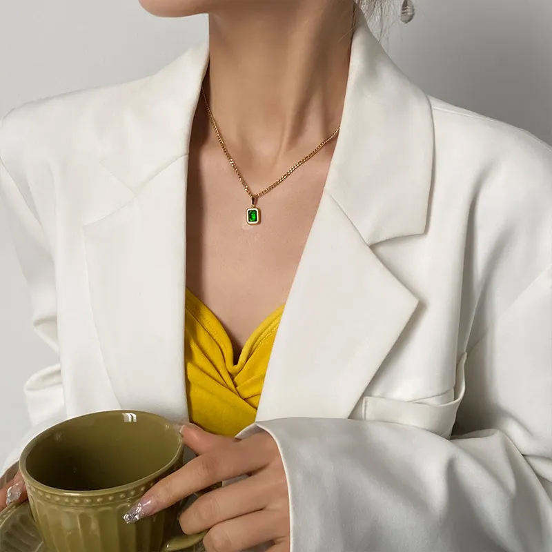 Besfome Vòng cổ Bằng Thép Không Gỉ Mặt Đá Xanh Hình Chữ Nhật Phong Cách vintage Cho Nữ