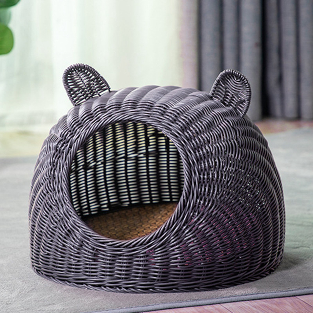 KKPETS Giường cho mèo Tai dễ thương Mây bắt chước Dệt tay thoáng khí Tất cả các mùa Có thể giặt Nhà bán kín trong nhà