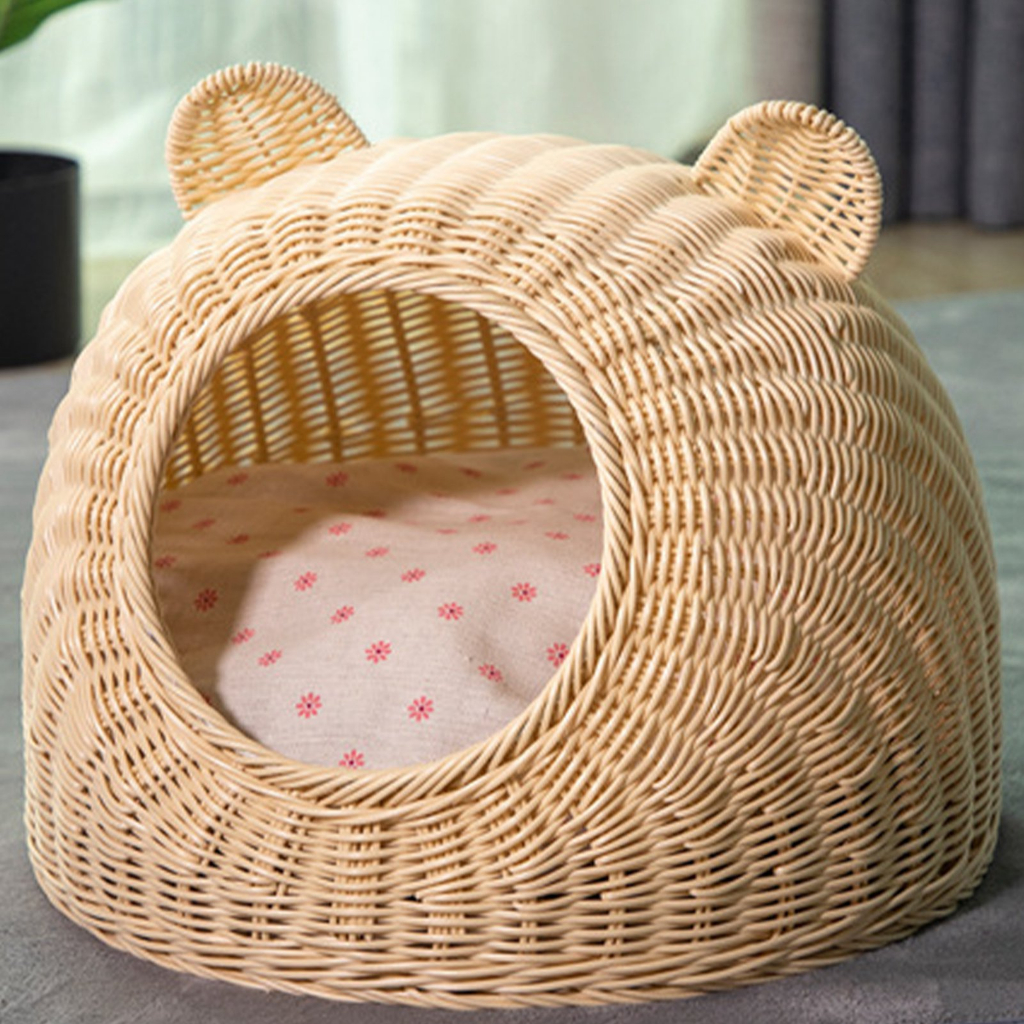 KKPETS Giường cho mèo Tai dễ thương Mây bắt chước Dệt tay thoáng khí Tất cả các mùa Có thể giặt Nhà bán kín trong nhà