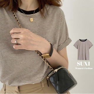 SUXI Áo Thun Nữ Ngắn Tay Cổ Tròn Sọc Ngang Thời Trang