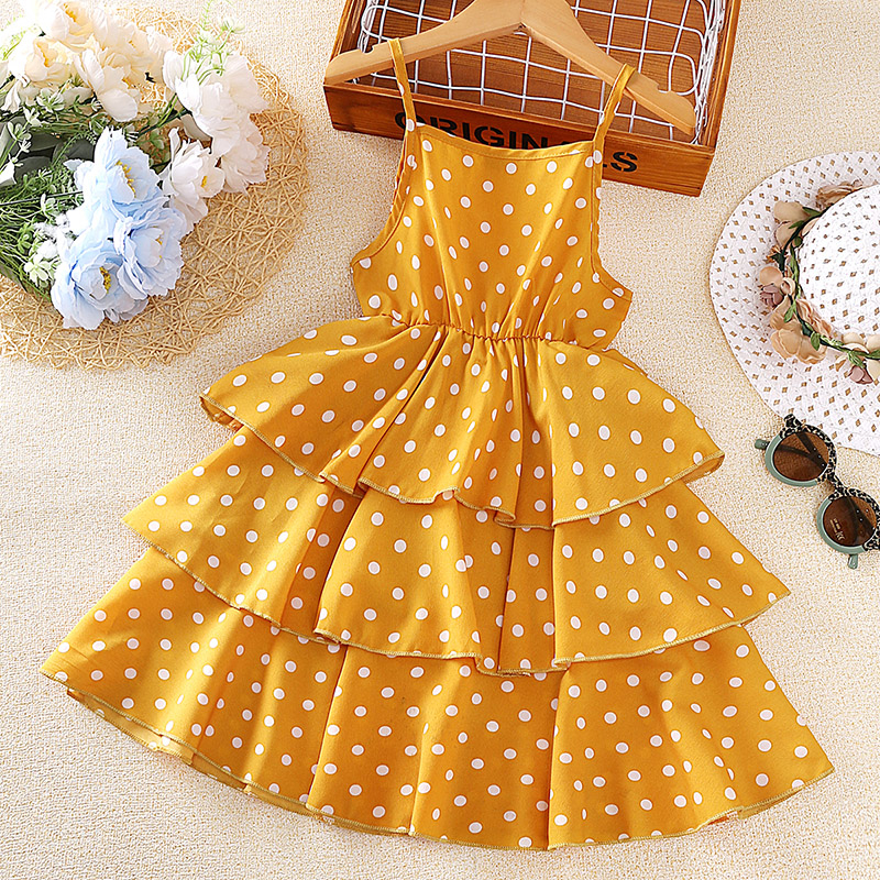 Đầm hai dây SIYYIS xếp tầng họa tiết chấm bi thời trang mùa hè cao cấp cho bé gái 4-12 tuổi
