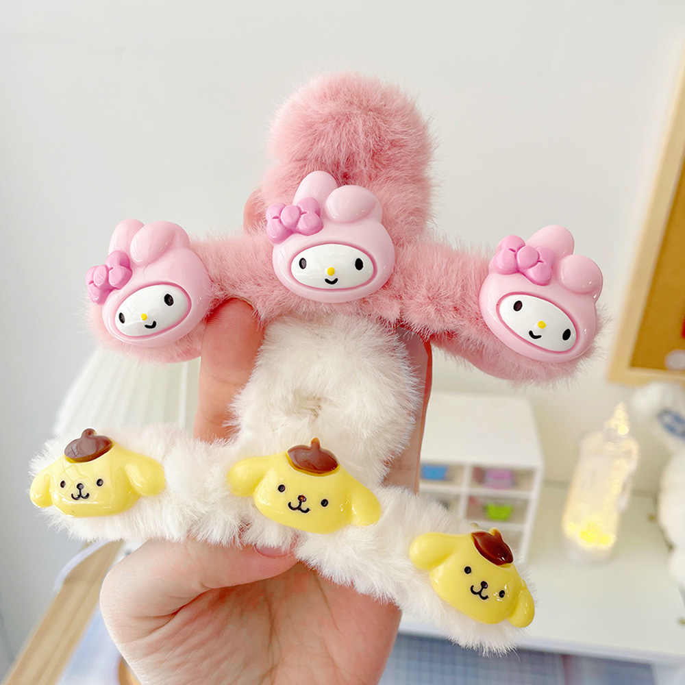Kẹp Tóc Đính Bóng Lông Họa Tiết Hoạt Hình Cinnamoroll Mymelody Kuromi Purin Dễ Thương Cho Bé