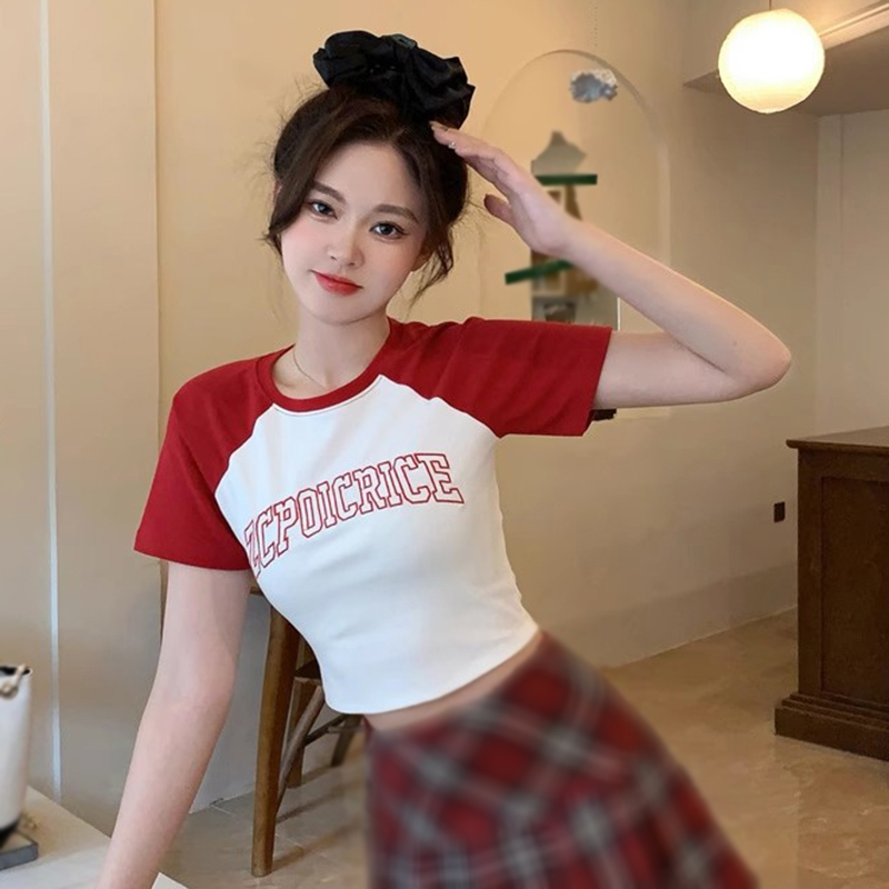 Áo Croptop Tay Ngắn Cổ Tròn In Chữ Dopamine Phong Cách Retro Mỹ Cho Nữ