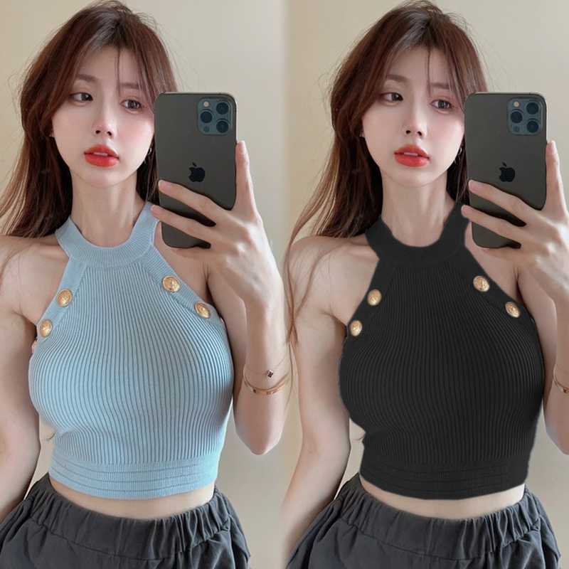 WANG JIAO ZHAN Áo vest trơn màu dệt kim gợi cảm