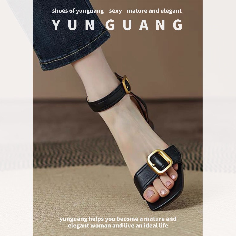 Yunguang Giày Cao Gót Mũi Vuông Hở Ngón Phối Khóa Kéo Sau Phong Cách retro Thanh Lịch Dành Cho Nữ
