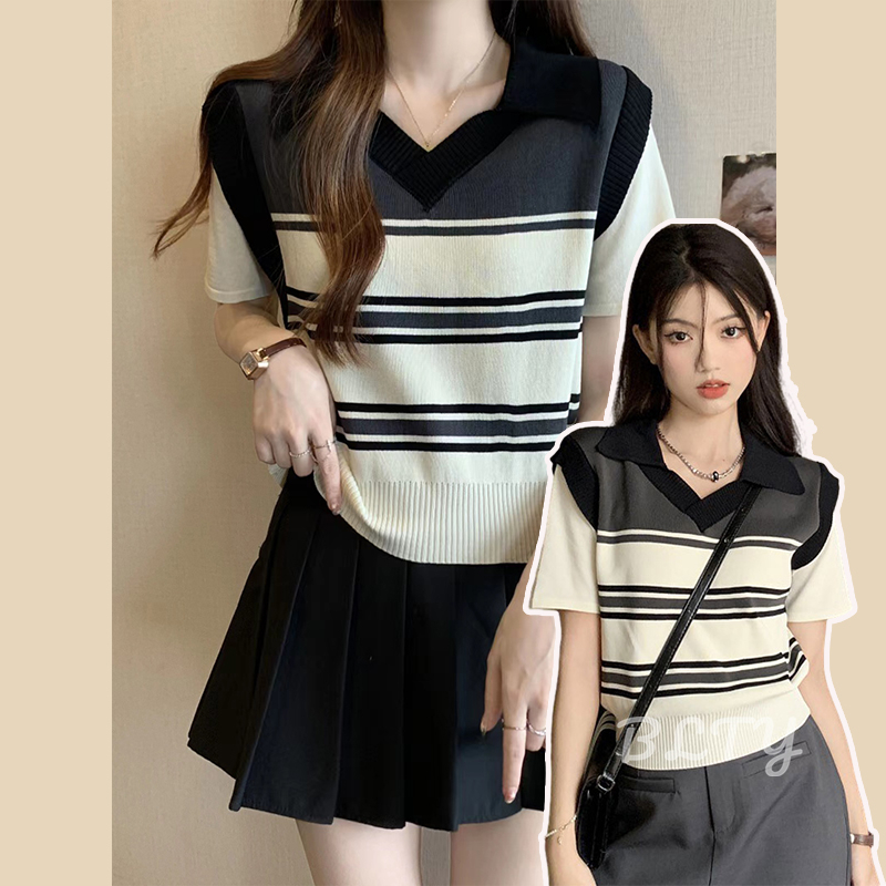 BLTY Áo polo Ngắn Tay Phối Sọc Ngang Phong Cách Hàn Quốc Dành Cho Nữ