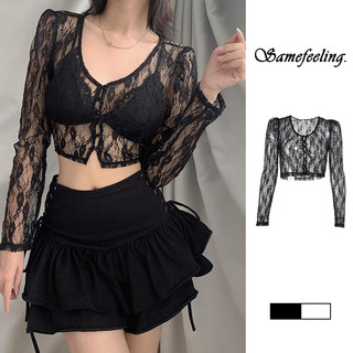 Sf♫Áo Croptop Tay Dài Cổ Chữ V Phối Ren Hoa Phong Cách Vintage Quyến Rũ