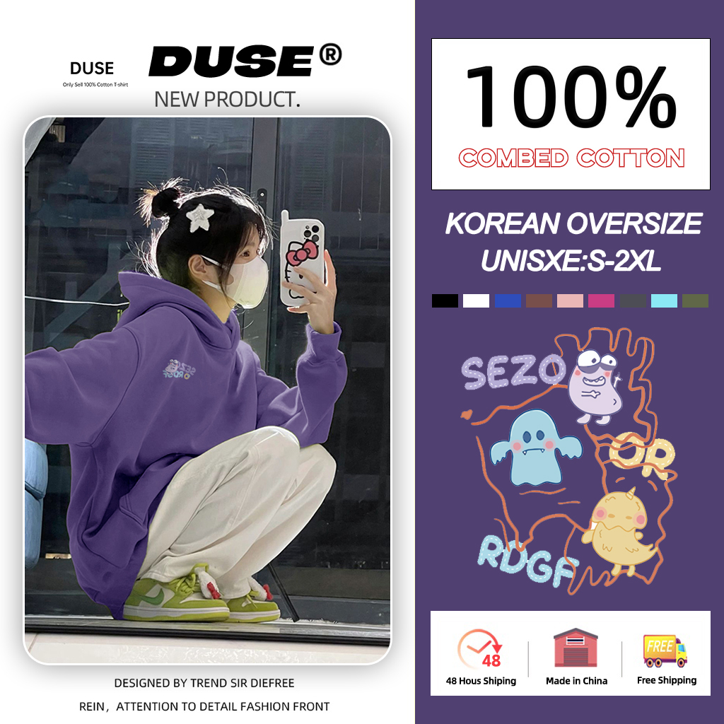 「DUSE」Áo Hoodie cotton Tím Tay Dài Dáng Rộng In Họa Tiết Hoạt Hình Phong Cách dopamine Hàn Quốc Cho Nam Nữ