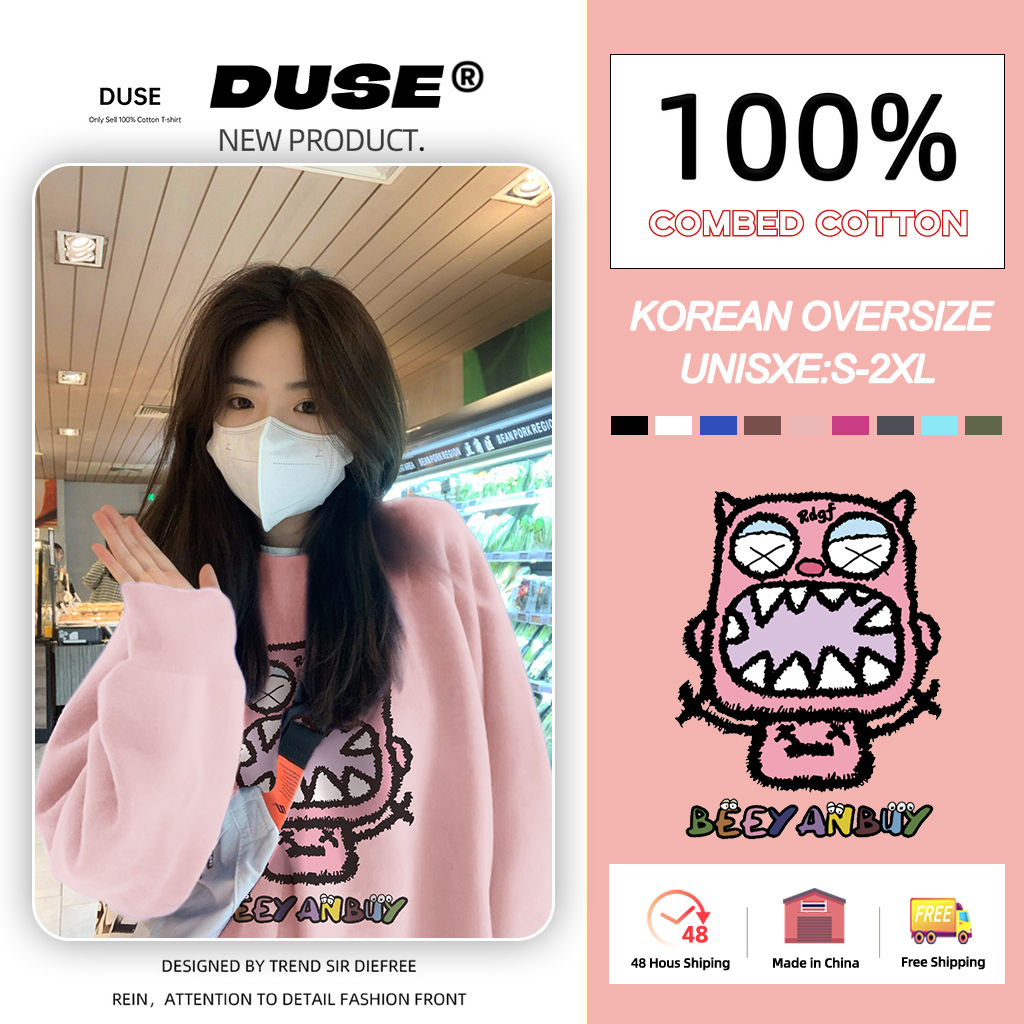 「DUSE」Áo sweatshirt unisex Tay Dài Cổ Tròn Dáng Rộng In Họa Tiết Hoạt Hình Phong Cách dopamine Hàn Quốc