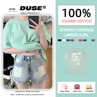 「DUSE」Áo Thun 100% cotton Dáng Rộng Tay Ngắn Cổ Tròn In Chữ Màu Xanh Lá Dạ Quang Phong Cách Hàn Quốc Thời Trang Mùa Hè