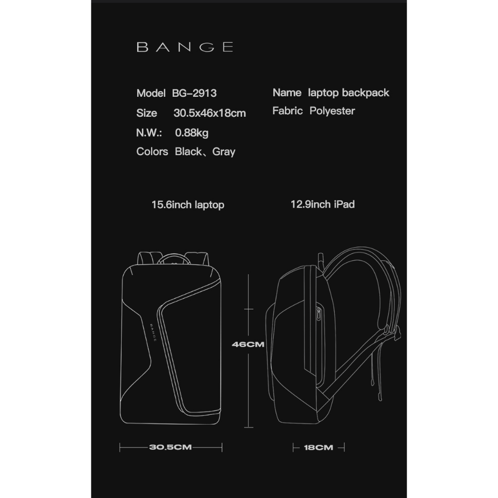 BANGE Balo Đựng Laptop 15.6 Inch Sức Chứa Lớn Chống Thấm Nước Thời Trang Cho Nam