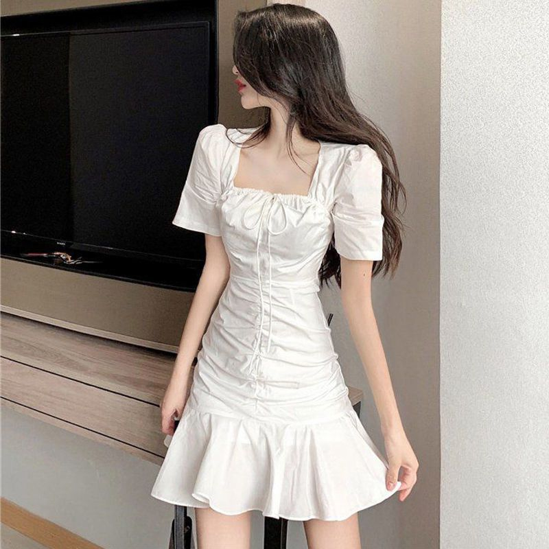 Đầm Dáng Chữ A Cổ Vuông Màu Trắng Phối Bèo Xinh Xắn Thời Trang Kiểu Pháp Cho Nữ
