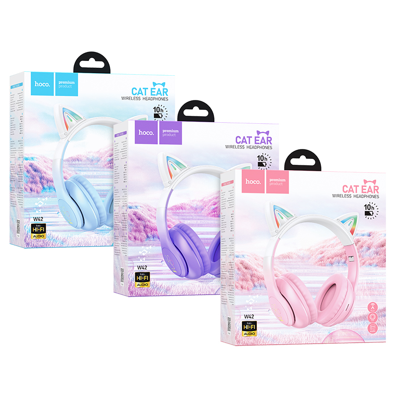 Hoco Tai Nghe w42 bluetooth Không Dây bt5.3 Hình Tai Mèo Đáng Yêu Có Thể Gấp Gọn Kèm Mic Hỗ Trợ Thẻ Nhớ tf Điện Thoại