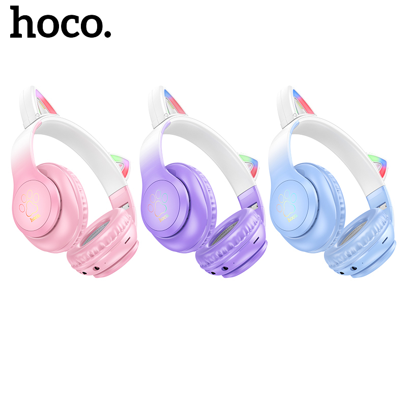 Hoco Tai Nghe w42 bluetooth Không Dây bt5.3 Hình Tai Mèo Đáng Yêu Có Thể Gấp Gọn Kèm Mic Hỗ Trợ Thẻ Nhớ tf Điện Thoại