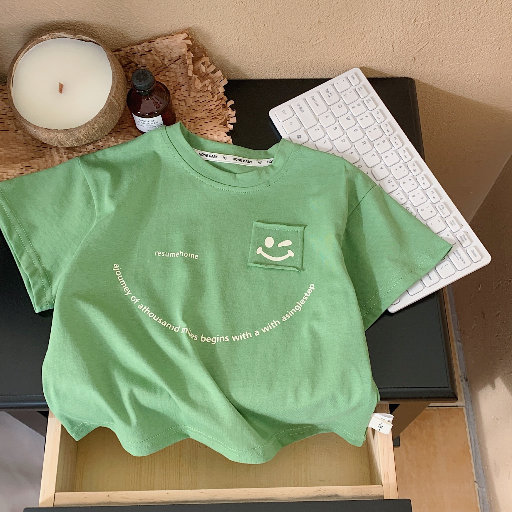 Sun baby Áo Thun Tay Ngắn Dáng Rộng Thoáng Khí In Hình Mặt Cười Phong Cách Hàn Quốc Thời Trang Cho Bé