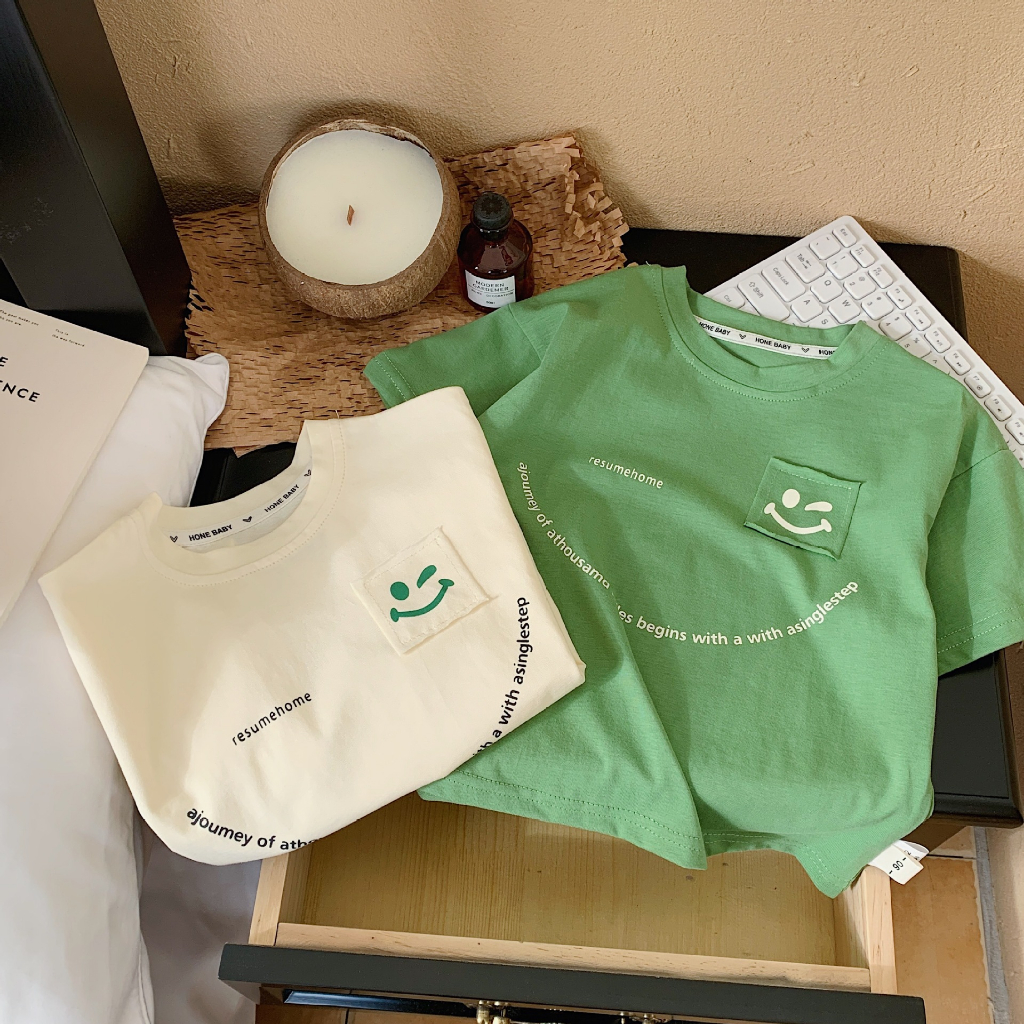 Sun baby Áo Thun Tay Ngắn Dáng Rộng Thoáng Khí In Hình Mặt Cười Phong Cách Hàn Quốc Thời Trang Cho Bé