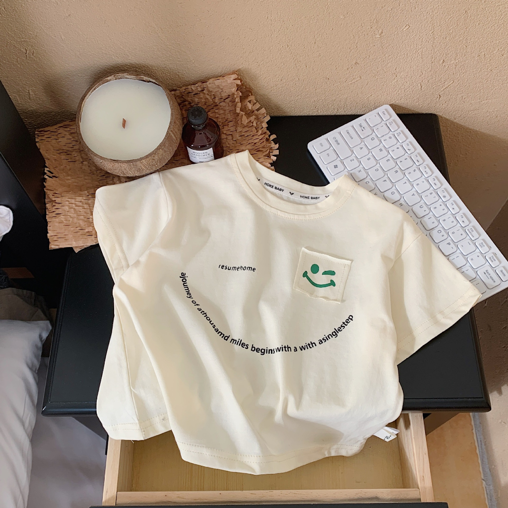 Sun baby Áo Thun Tay Ngắn Dáng Rộng Thoáng Khí In Hình Mặt Cười Phong Cách Hàn Quốc Thời Trang Cho Bé