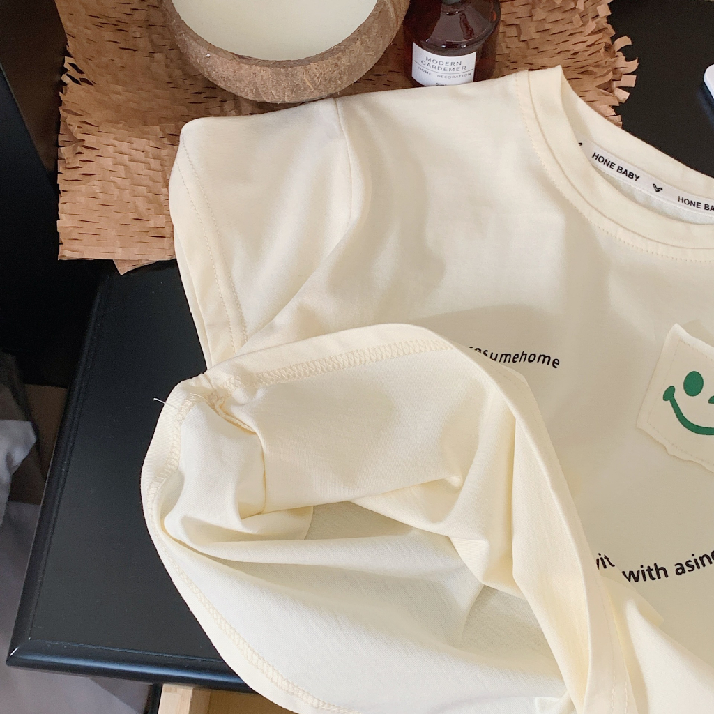 Sun baby Áo Thun Tay Ngắn Dáng Rộng Thoáng Khí In Hình Mặt Cười Phong Cách Hàn Quốc Thời Trang Cho Bé