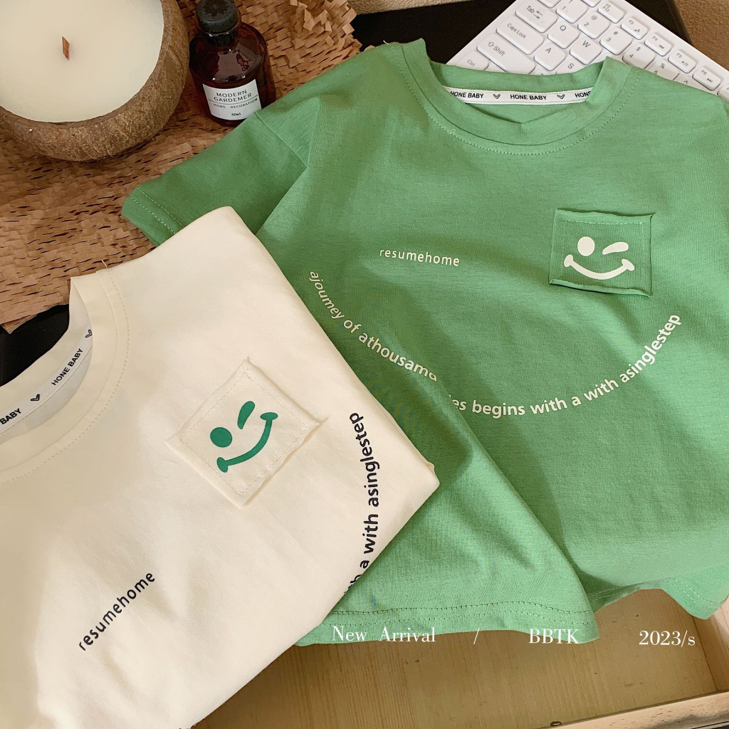 Sun baby Áo Thun Tay Ngắn Dáng Rộng Thoáng Khí In Hình Mặt Cười Phong Cách Hàn Quốc Thời Trang Cho Bé