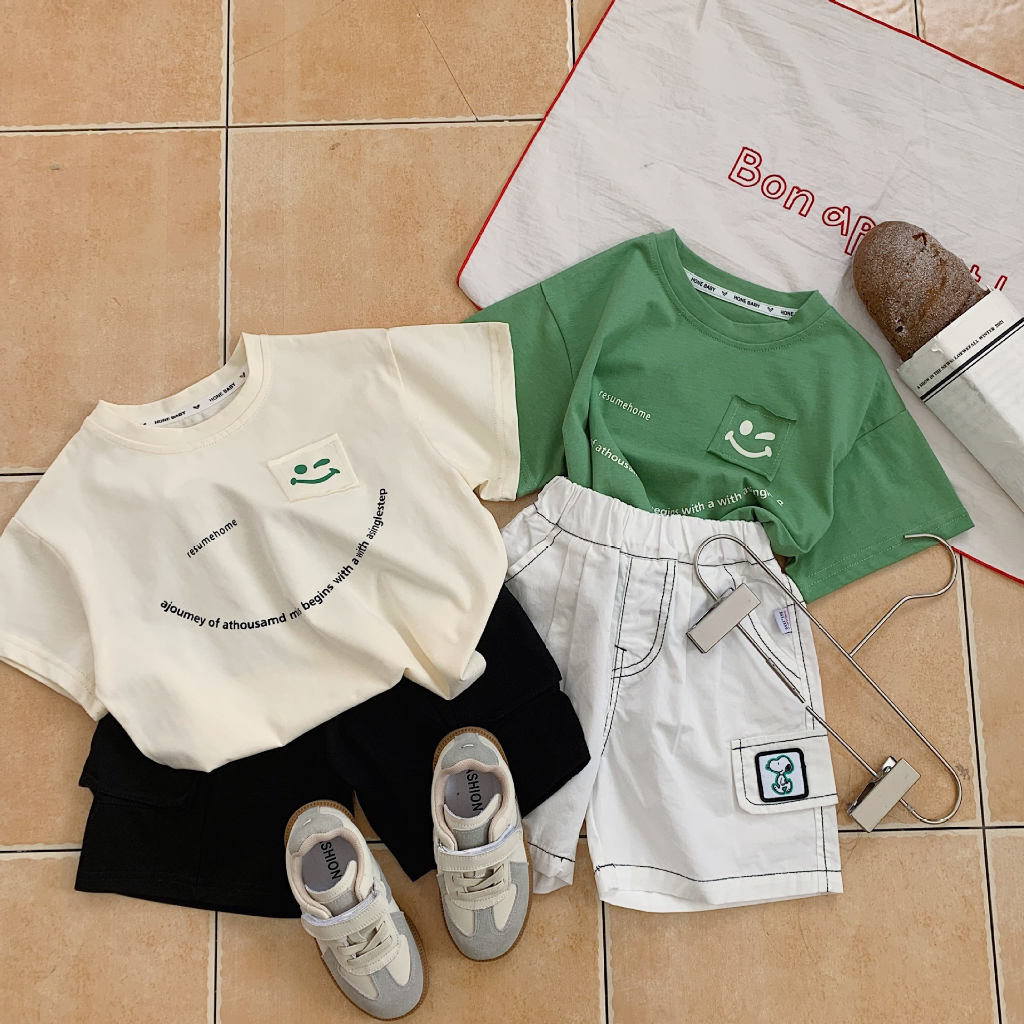 Sun baby Áo Thun Tay Ngắn Dáng Rộng Thoáng Khí In Hình Mặt Cười Phong Cách Hàn Quốc Thời Trang Cho Bé