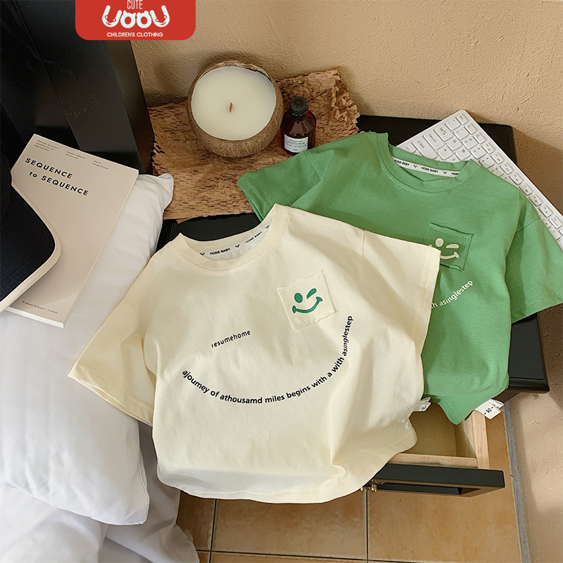 Sun baby Áo Thun Tay Ngắn Dáng Rộng Thoáng Khí In Hình Mặt Cười Phong Cách Hàn Quốc Thời Trang Cho Bé