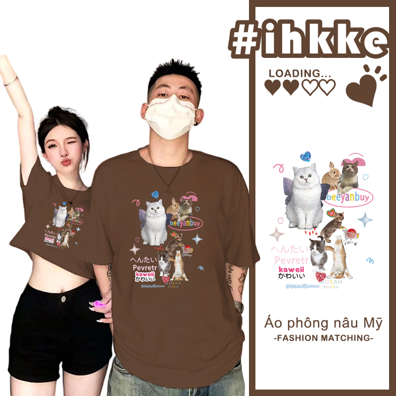 ihkke Áo Thun 100% cotton áo thun unisex Oversize In Hình Mèo Dễ Thương áo croptop nữ