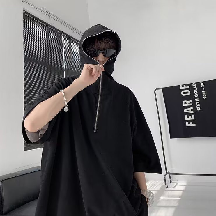 Áo Hoodie Màu Trơn Dáng Rộng Thời Trang Vintage Đường Phố Cá Tính Cho Nam