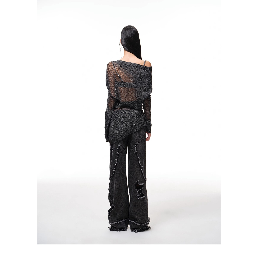 Áo Dệt Kim Tay Dài Dáng Rộng Rách Cá Tính Trẻ Trung Phong Cách Retro Cho Bạn Gái