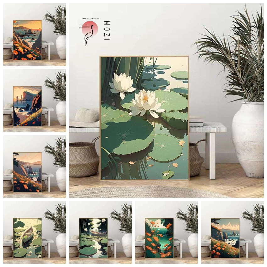 MOZI✨hoa sen biên giới 40*50cm tranh tô màu theo số Tranh phong cảnh hoạt hình kỹ thuật số tranh tô màu theo số phong cảnh tranh tô màu số hoá Sơn kỹ thuật số sơn acrylic Bộ Tranh Sơn Dầu Tự Làm Hình Phong Cảnh Trang Trí Phòng Khách