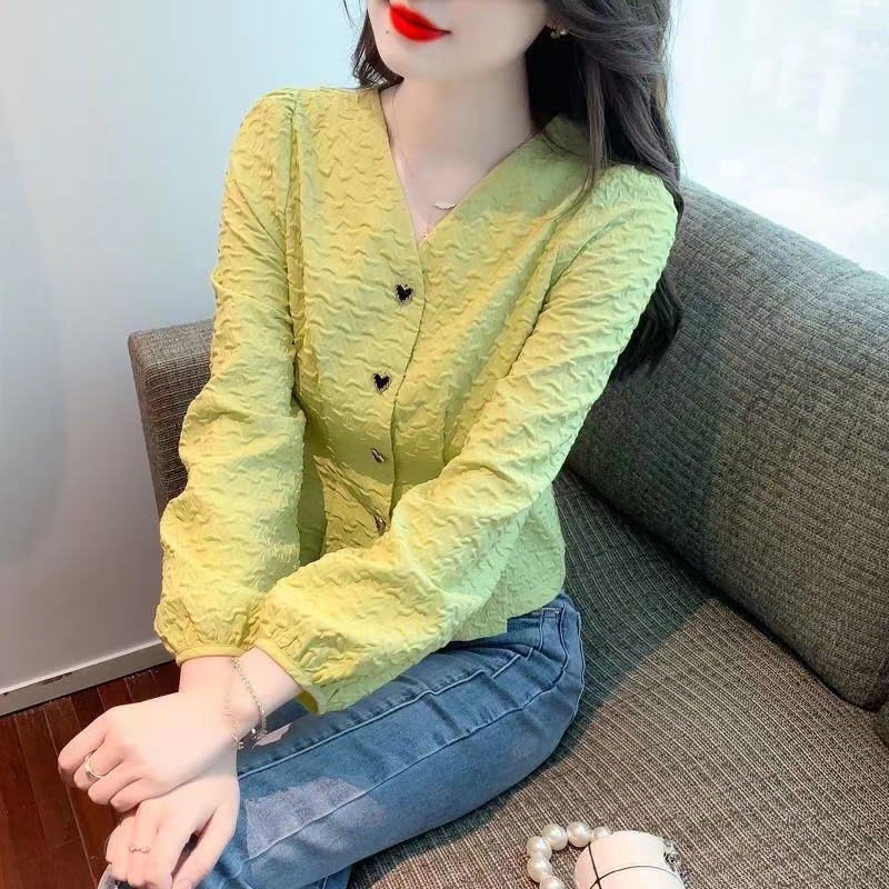 Áo Kiểu Tay Dài Cổ Chữ v Ôm Eo Thời Trang retro Hàn Quốc Cho Nữ