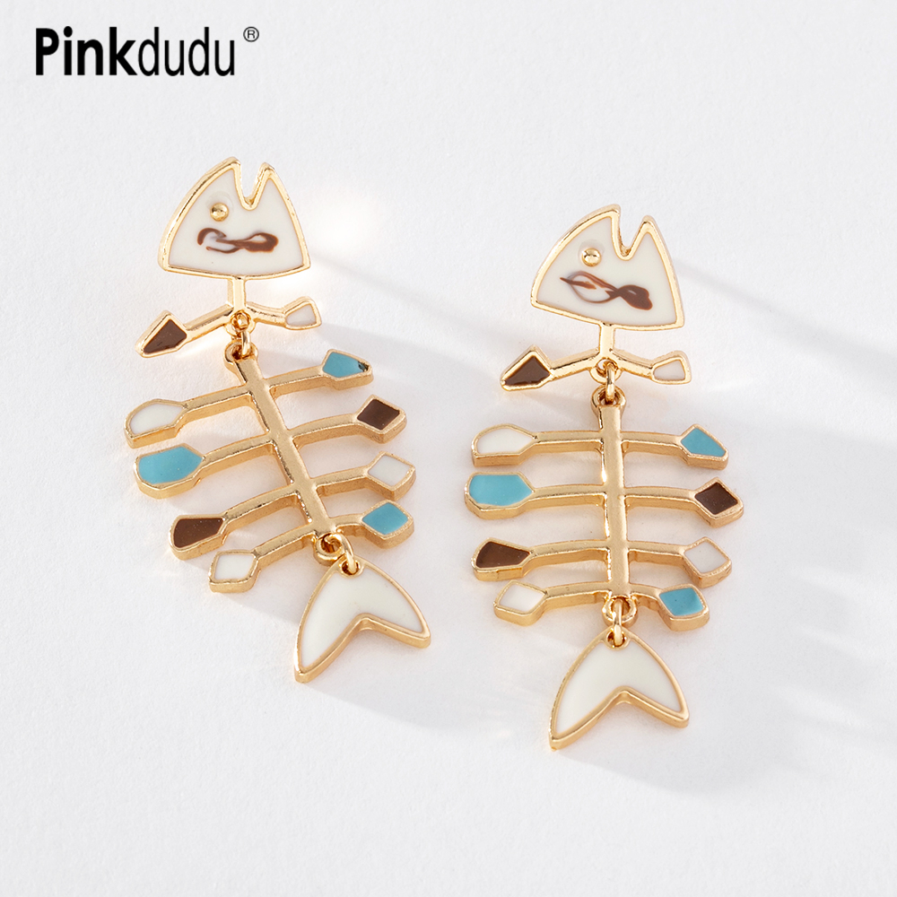 Khuyên tai Pinkdudu PD1208 hợp kim tráng men hình xương cá màu trắng hồng phong cách vintage thời trang cho nữ