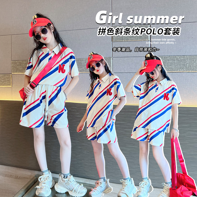Set Đồ Thể Thao Áo Thun polo Tay Ngắn Phối Quần Short Thời Trang Mùa Hè Cho Bé Gái 3-14 Tuổi