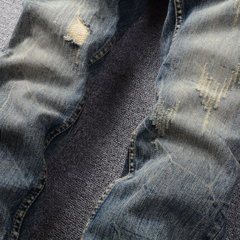 Street Fashion Men Jeans Vintage Blue Patch Slim Fit Printing Craft Brand Men Denim Pants