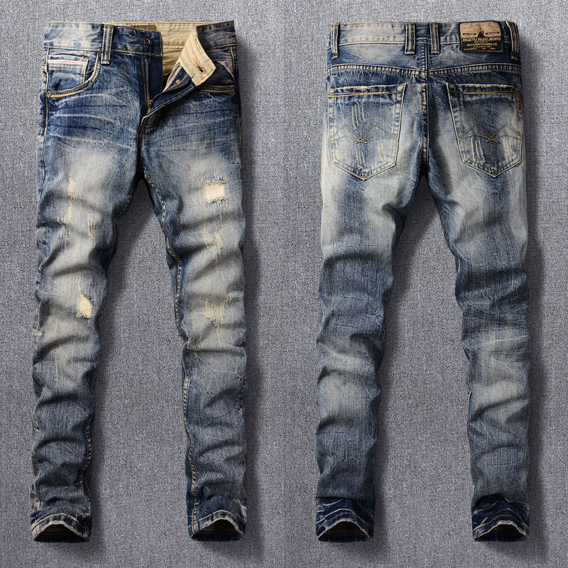 Street Fashion Men Jeans Vintage Blue Patch Slim Fit Printing Craft Brand Men Denim Pants