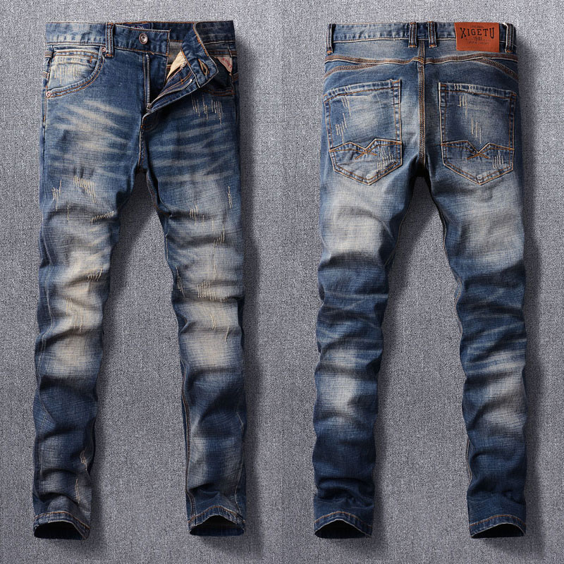 High quality fashionable retro men jeans blue slim fitting printing technology casual brand men jeans