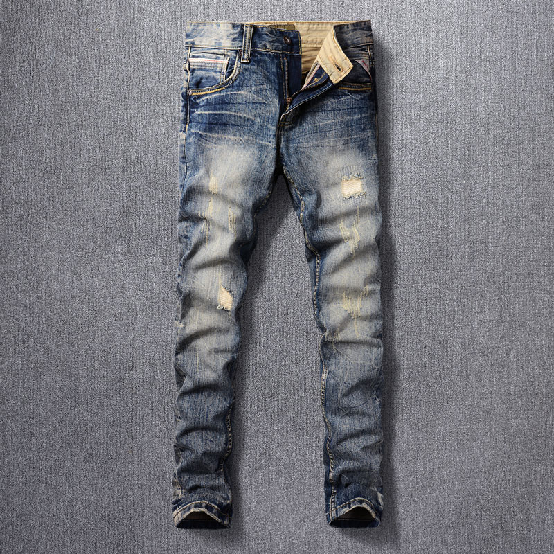 Street Fashion Men Jeans Vintage Blue Patch Slim Fit Printing Craft Brand Men Denim Pants