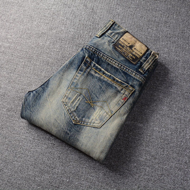 Street Fashion Men Jeans Vintage Blue Patch Slim Fit Printing Craft Brand Men Denim Pants