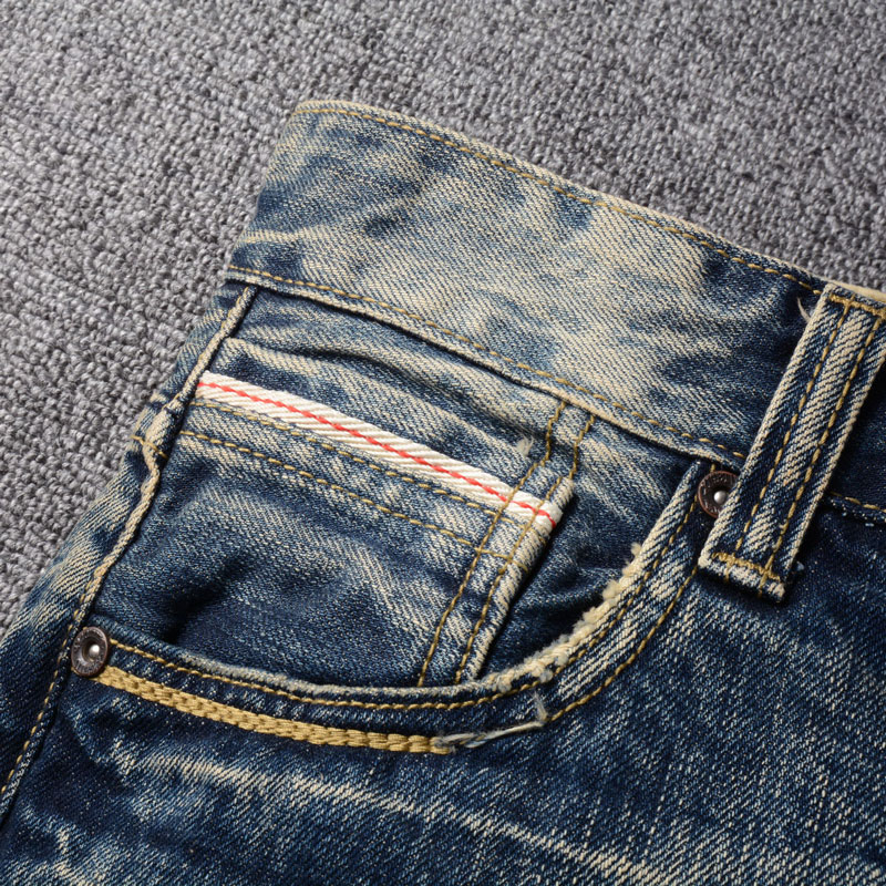 Street Fashion Men Jeans Vintage Blue Patch Slim Fit Printing Craft Brand Men Denim Pants