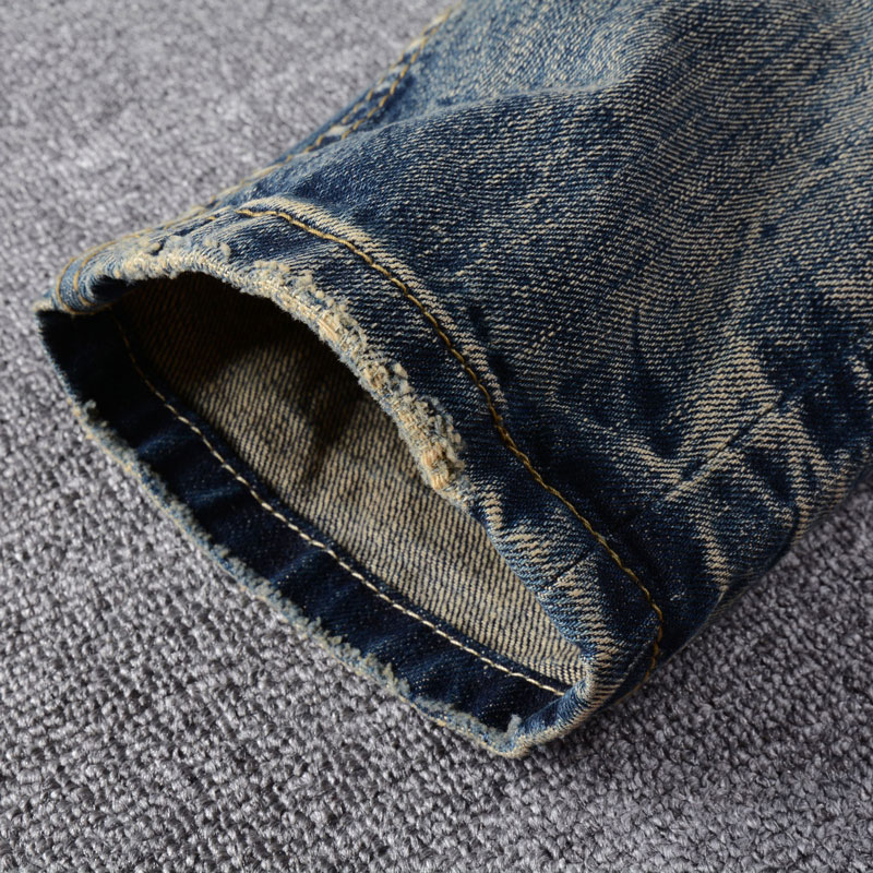 Street Fashion Men Jeans Vintage Blue Patch Slim Fit Printing Craft Brand Men Denim Pants