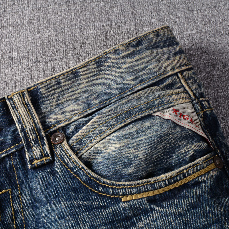 Street Fashion Men Jeans Vintage Blue Patch Slim Fit Printing Craft Brand Men Denim Pants