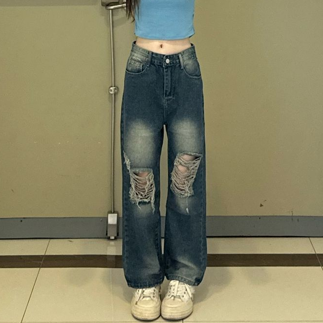 Jiashucheng Quần Jean Rách Dáng Rộng Lưng Cao Thời Trang Mùa Hè Hàn Quốc Cho Nữ