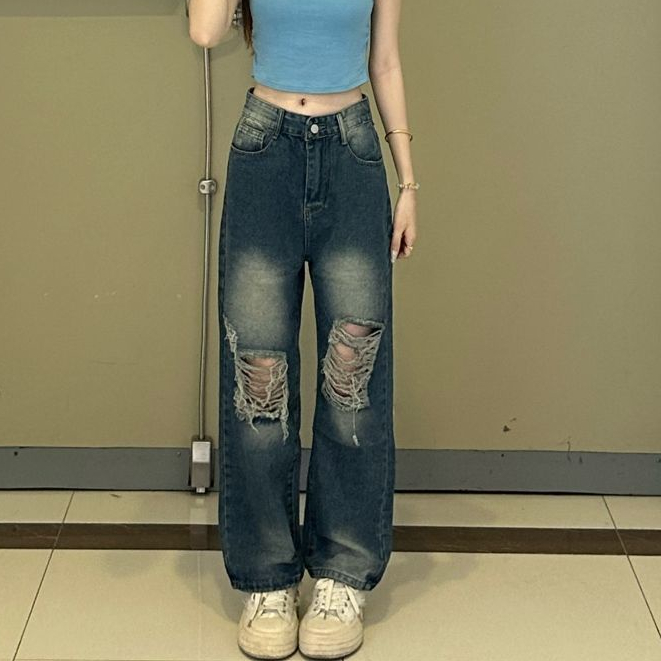 Jiashucheng Quần Jean Rách Dáng Rộng Lưng Cao Thời Trang Mùa Hè Hàn Quốc Cho Nữ