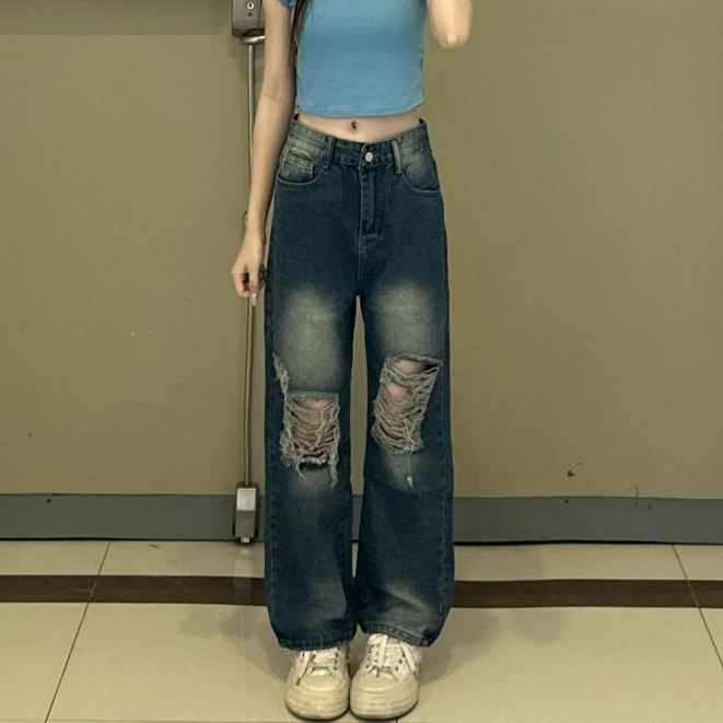 Jiashucheng Quần Jean Rách Dáng Rộng Lưng Cao Thời Trang Mùa Hè Hàn Quốc Cho Nữ