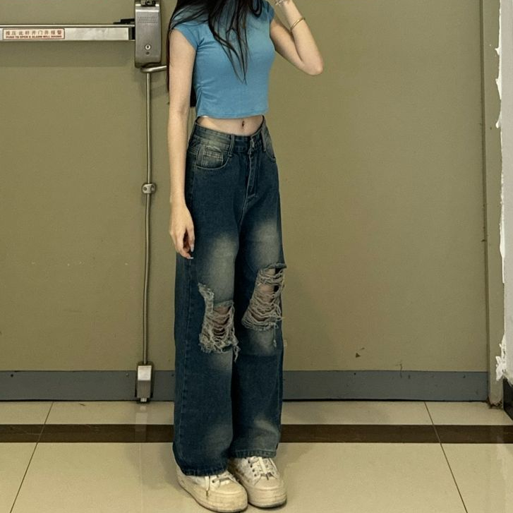 Jiashucheng Quần Jean Rách Dáng Rộng Lưng Cao Thời Trang Mùa Hè Hàn Quốc Cho Nữ